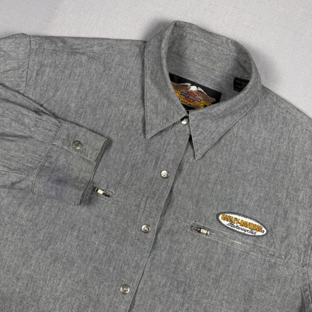 Harley-Davidson Mens Gray Long Sleeve Button Up Shirt Zipper Pockets Large